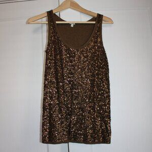 J. Crew Sequined Bronze Tank Top Lined Fray Hem Racerback Round Neck Stretch XS